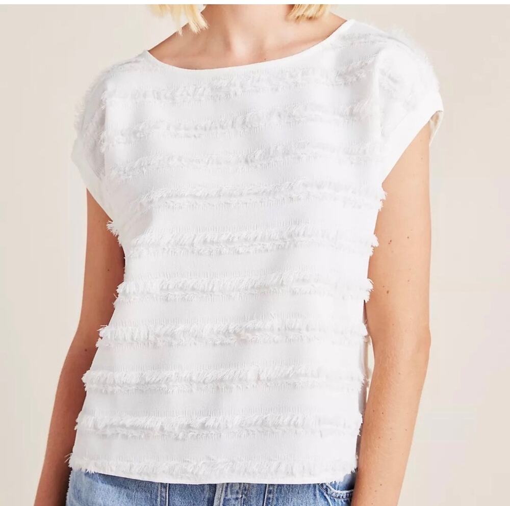 Anthropologie Maeve White Fringe Textured Stripe Cap Sleeve Top Blouse Size 6